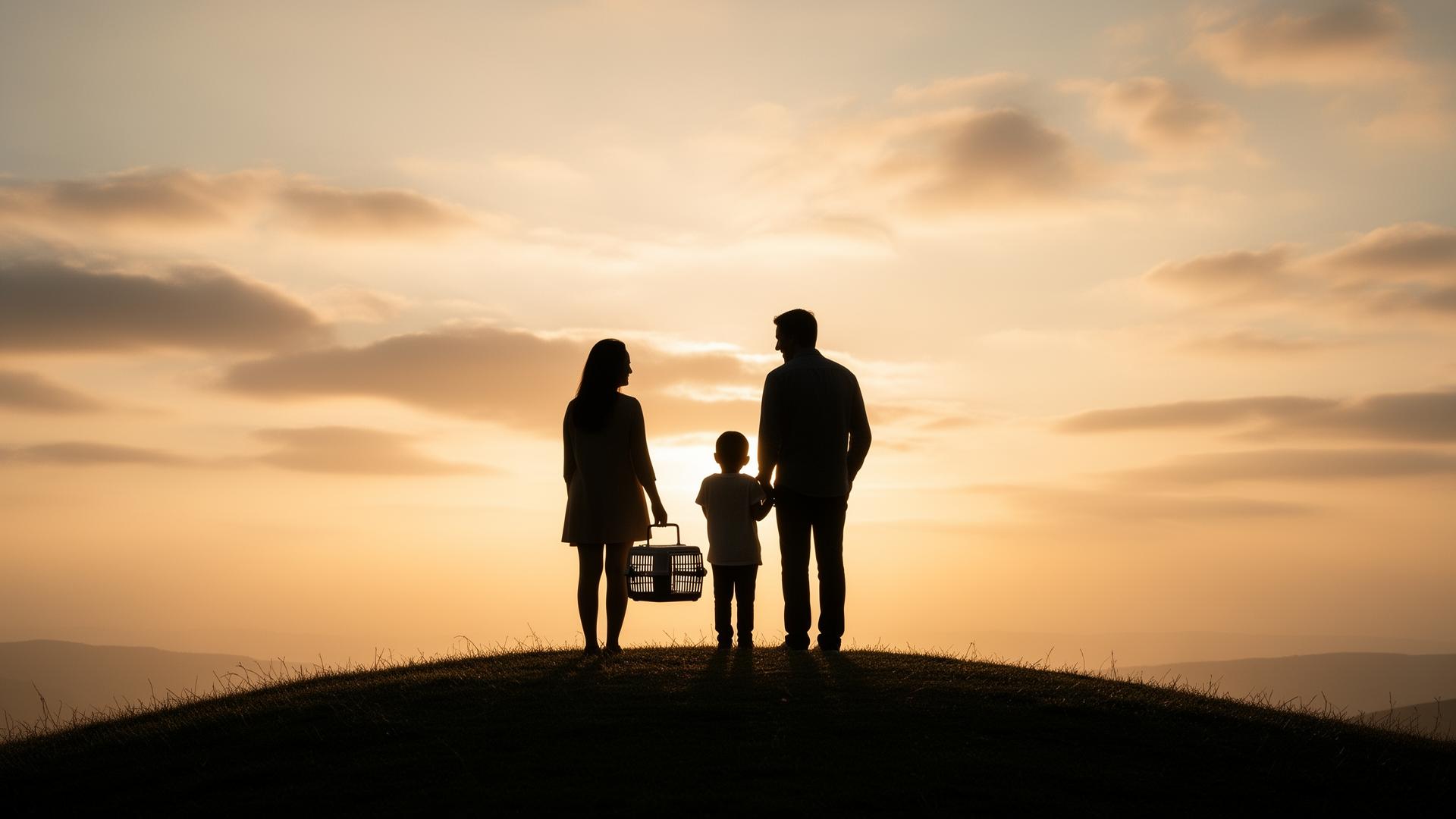 Familia con su gato al atardecer